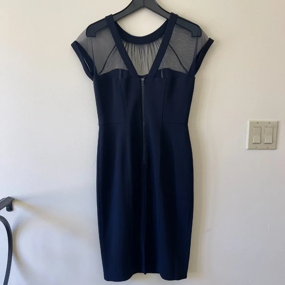 MAGGY LONDON Illusion Yoke Crepe Cocktail Dress in Navy 6 Petite - Picture 6 of 10